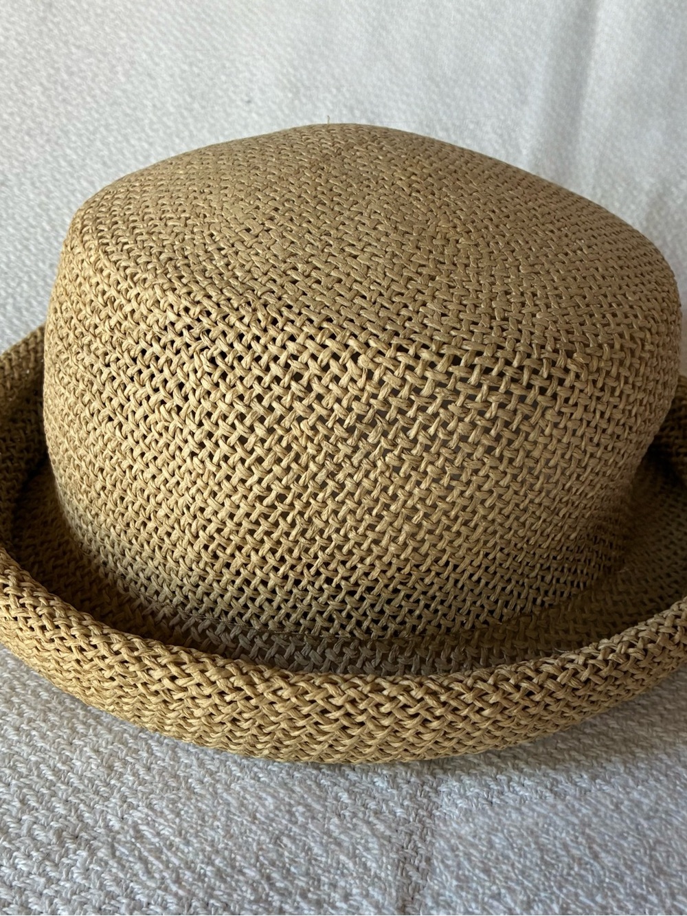 Filippo Catarzi Italy Woven Paper Straw Hat Tan Rolled Brim Made in Florence